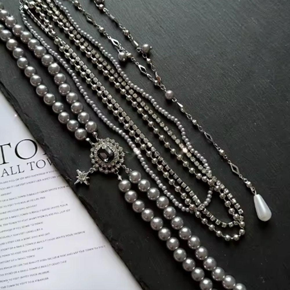 Stars Pendant Multi-Layer Pearls Necklace Multilayer Stacked Cross Sweater Chain  Daily Wear