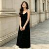 Suspender Dress Femininity Socialite Spring Loose and Thin Splicing Long Dress Small Fragrant Black Velvet