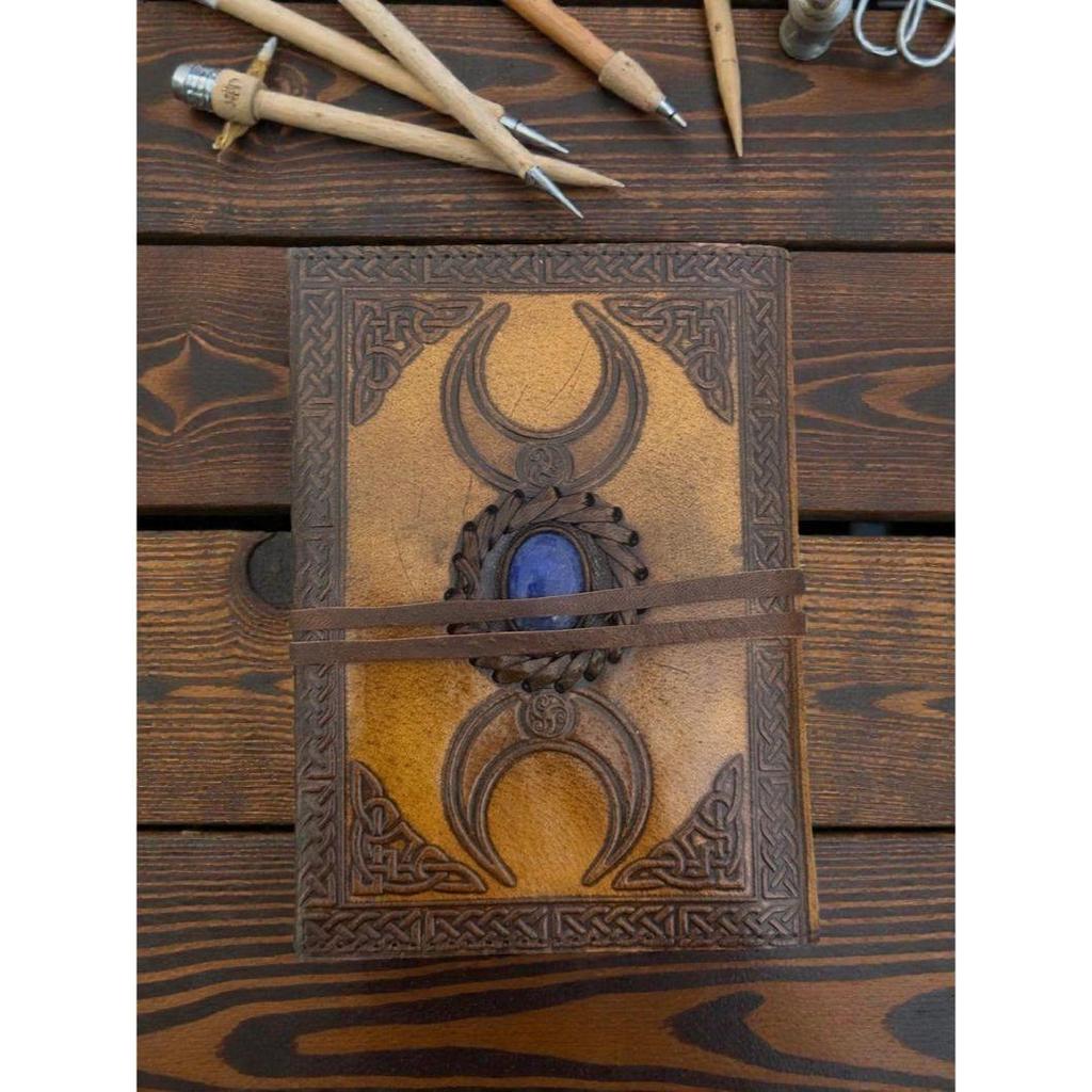 Handmade Triple Moon Leather Journal with Lapis Blue Stone Book of Shadows Lined Notebook Customized Spiritual Gift for Her