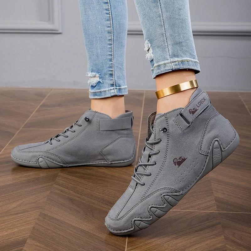 Women's Bare Boots Synthetic Leather Wear Resistant Trendy Soft Soled Non Slip Flat Shoes Lace Up Casual Sports High Top Shoes
