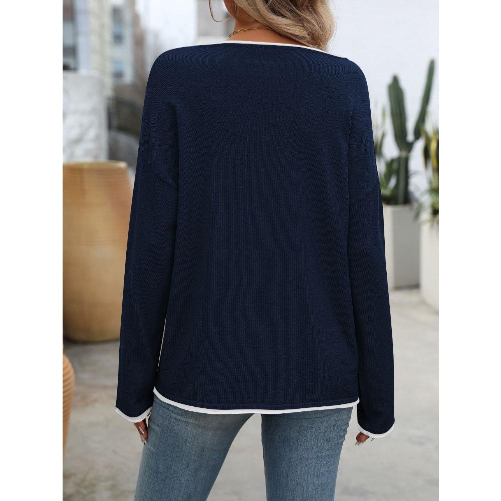 Women's Contrast Round Neck Pullovers Long Sleeve Top