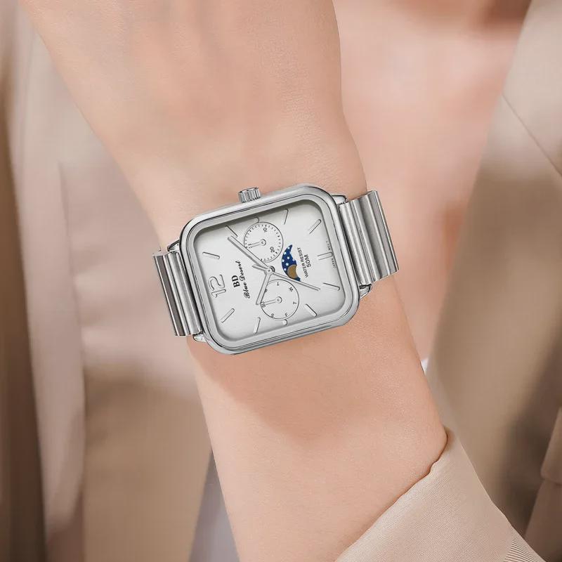 Cassie Moon Phase Quartz Watch: Stainless Steel, Waterproof, Unisex, Square Design