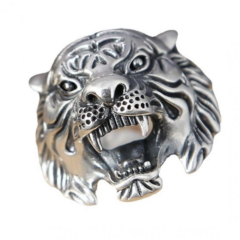 Adjustable Unisex Sterling Tiger Head Ring Punk Retro Geometric Statement Jewelry