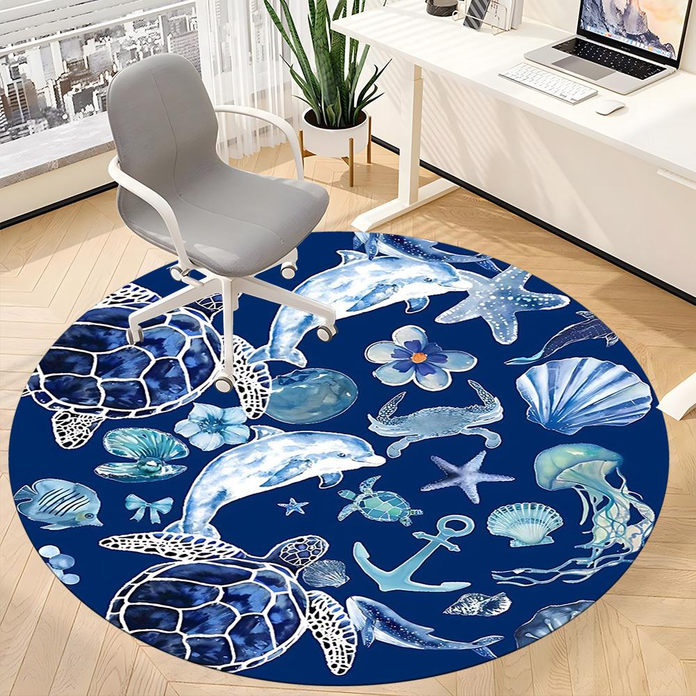 1PC Ocean Life Office Round Area Rug, Mat Suitable For Office, Under Office Chairs Bedroom Living Room Home Decor, Room Deco
