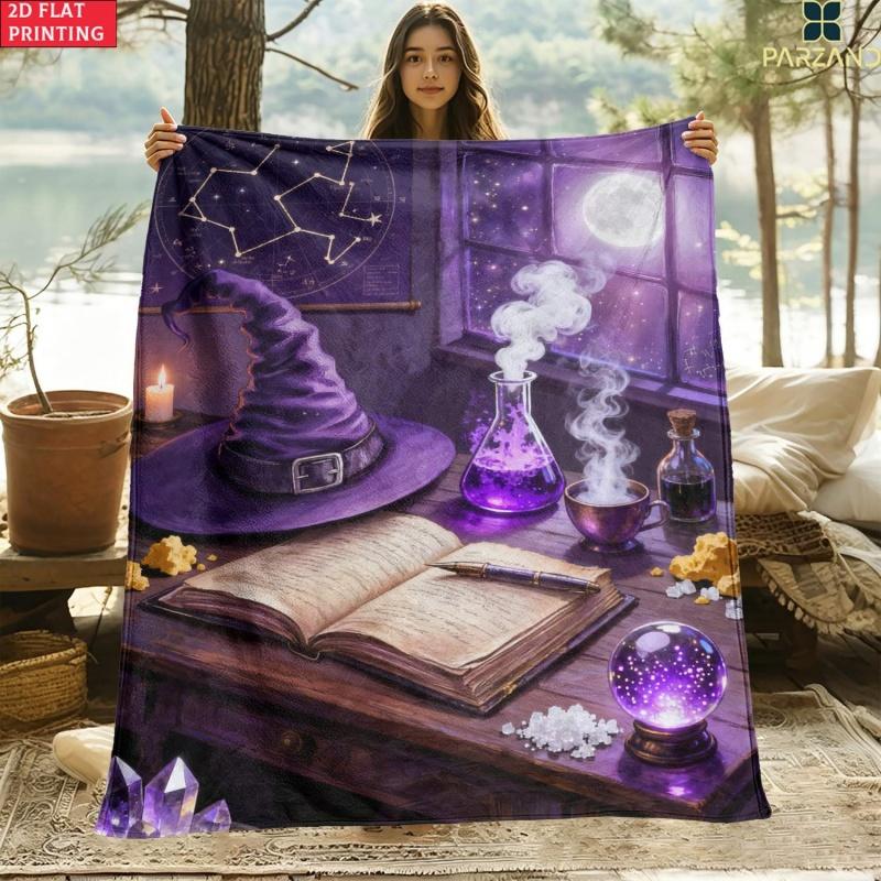 Purple Witch Hat Potion Moon Constellation Flannel Throw Blanket, Soft Cozy Blanket for Sofa Bedroom Witchy Home Decor Gift