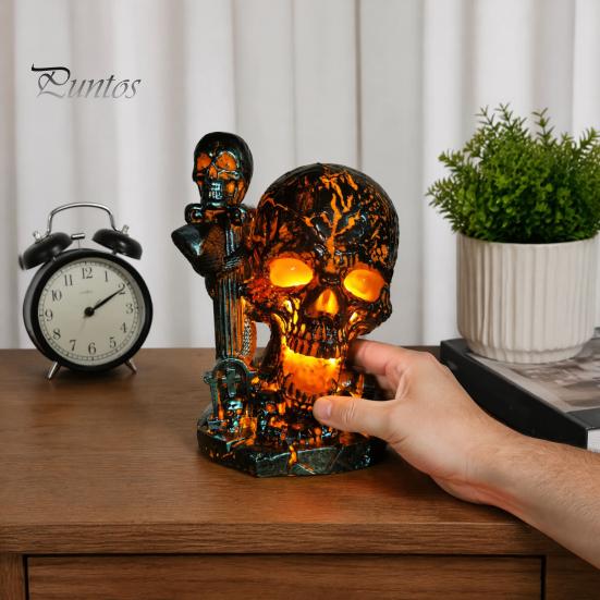 Resin Skull Figurine Table Lamp, Halloween Glowing Skeleton Figurine, Gothic Ambient Lamp Night Light for Mantel Shelf Party Home Decor Goth Chic Room