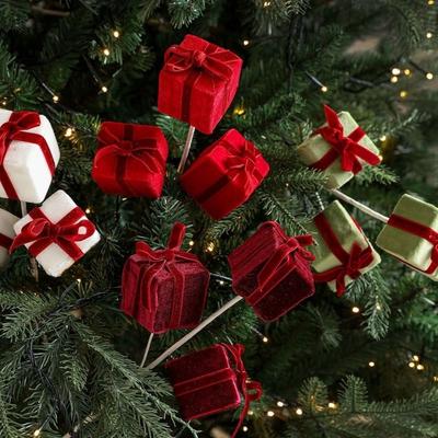 45cm Christmas Gift Box Branches Realistic Handmade Christmas Velvet Stem Flower Arrangement Decorative Xmas Tree Ornaments