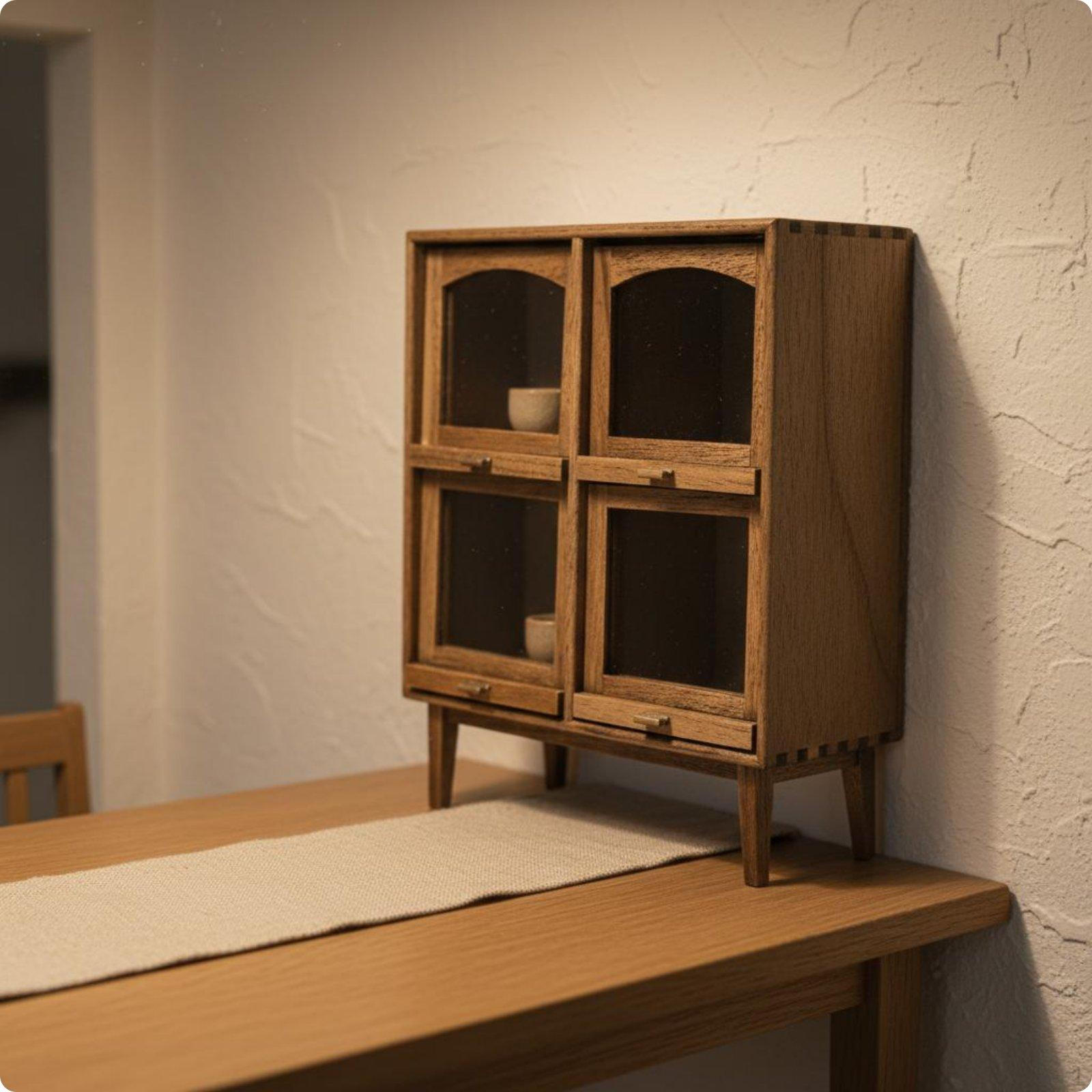 4Door Miniature Cabinet Rustic Elegance Design Wooden Display Retro Toy Furniture Walnut