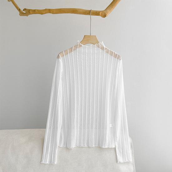 Women Sunscreen Tops Half High Collar Long Sleeve Perspective Mesh Tops Lace Lines Texture Blouse Daily Wear