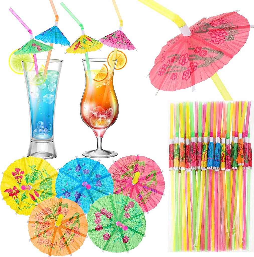 10-100pcs Tropical Umbrella Straws Mix Color Disposable Plastic Drinking Straw For Cocktail Juice Hawaii Beach Party Decoration