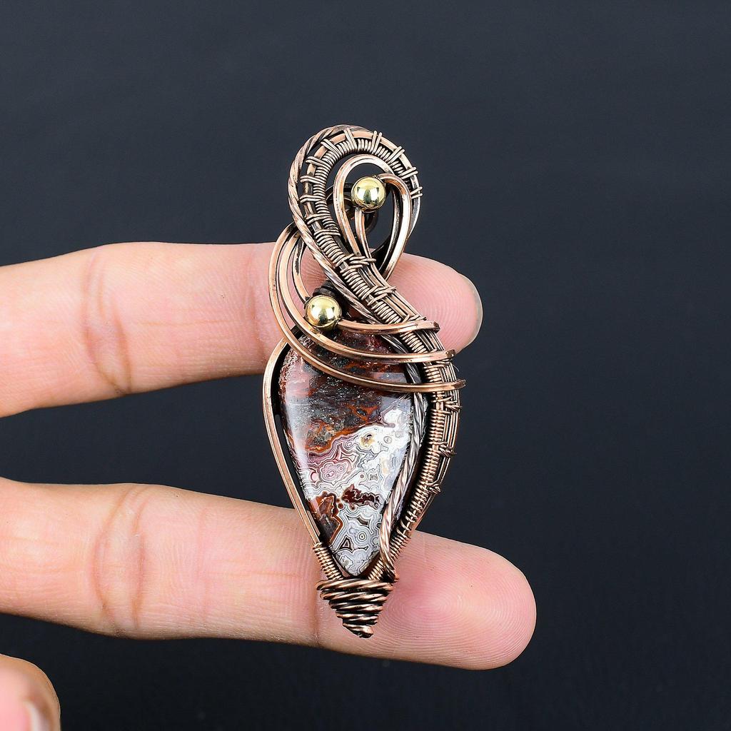 Crazy Lace Agate Gemstone Handmade Pure Copper Wire Wrapped Pendant Jewelry For Women