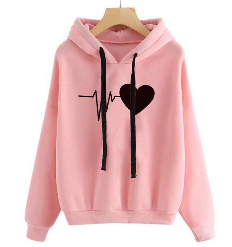 2026 autumn and winter Amazon loose casual print heartbeat hooded sweater jacket M розовый