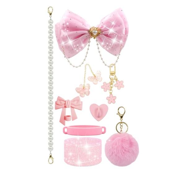 1 Set Tassenhülle Funkelnde Strasssteine Schleife Plüschball Dekoration Kunstperlen Lanyard Tassenzubehör mit Silikonboden-Schutz