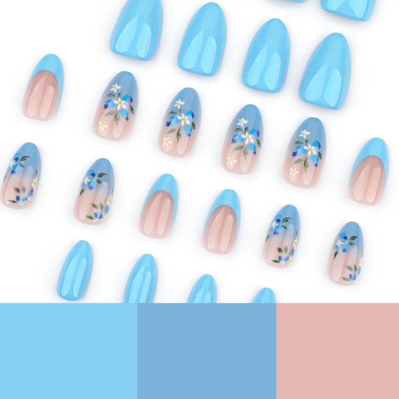 24Pcs French Tip Blue Flower Press On Nail Short Almond Shape Stick on Nail Manicure Nail Decoration for Women