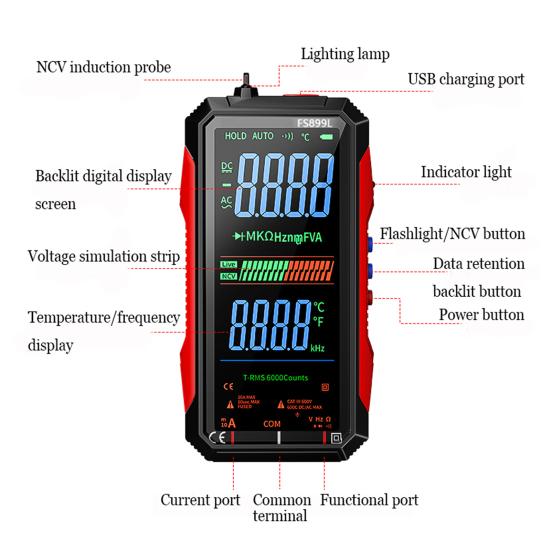 Rechargeable Smart Digital Multimeter Tester Fully Automatic Ambient Temperature Gauge Multimeter with Large Display Flashlight