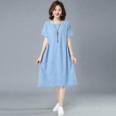 Summer Artistic Loose Jacquard Cotton Hemp Round Neck Short Sleeve Dress for Women Medium To Long Style