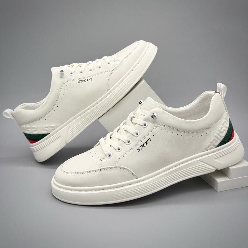 Men's Genuine Cowhide Casual Skate Shoes - Versatile, Lightweight, Breathable White Leather for Autumn Trend.