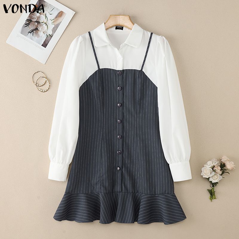 VONDA Womens Fake Two Piece Patchwork Long Sleeve Striped Casual Dress