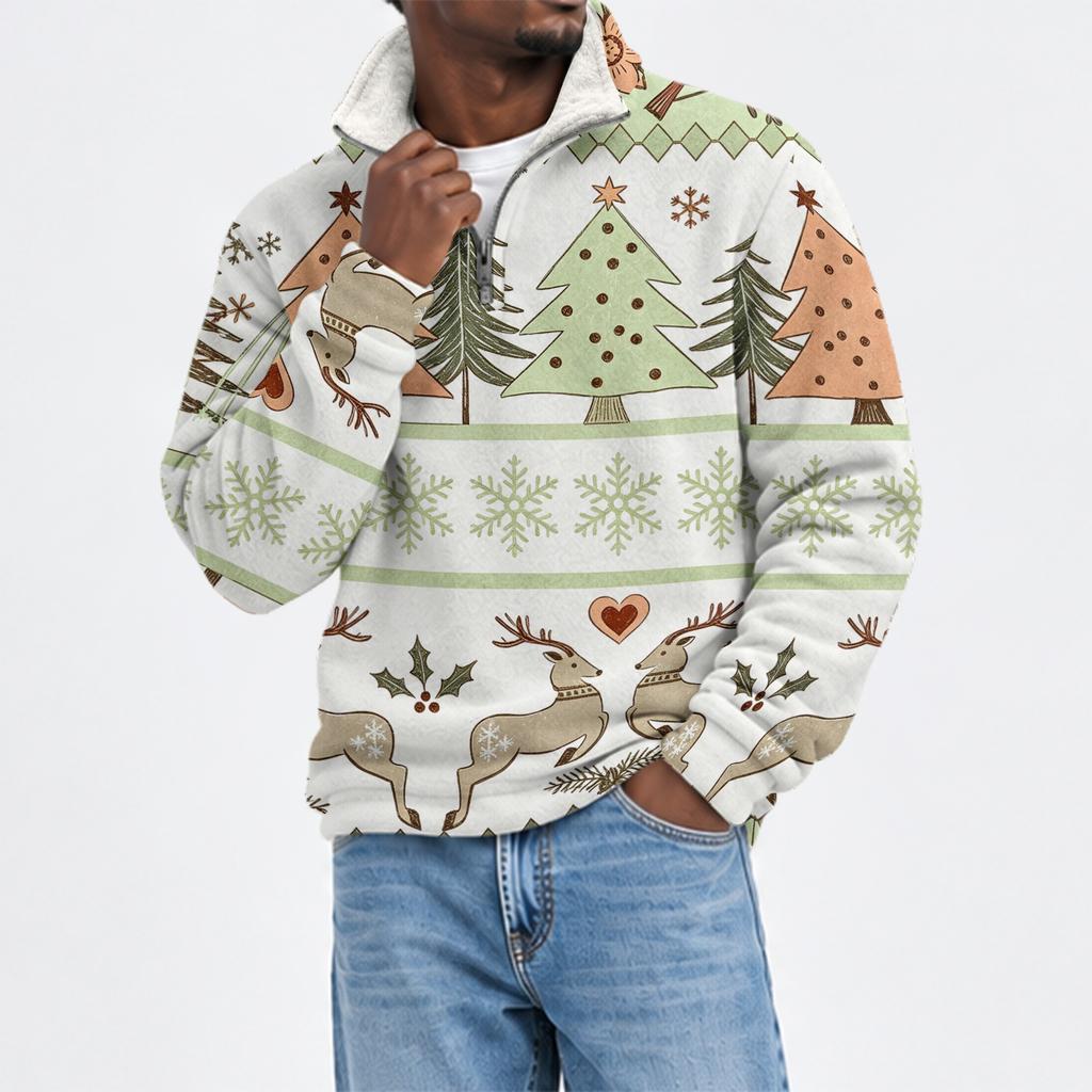 Herren Flanell Sweatshirt mit Stehkragen und Weihnachtsdruck für Freizeitkleidung an den Feiertagen