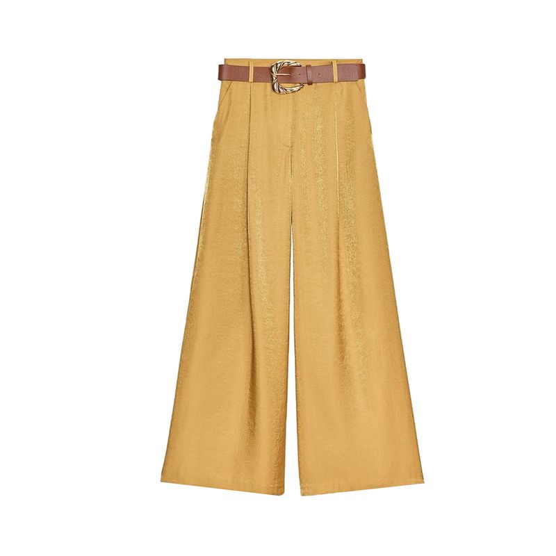 Summer Women's Pleated Decoration High Waist Vertical Matching Belt Silk Satin Texture Wide-Leg Casual Pants 3533556