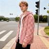 Men Plush Hooded Jacket Fuzzy Full-Zip Casual Hoodie Solid Color Checkered Warm Winter Coat for Street School Party Wear
