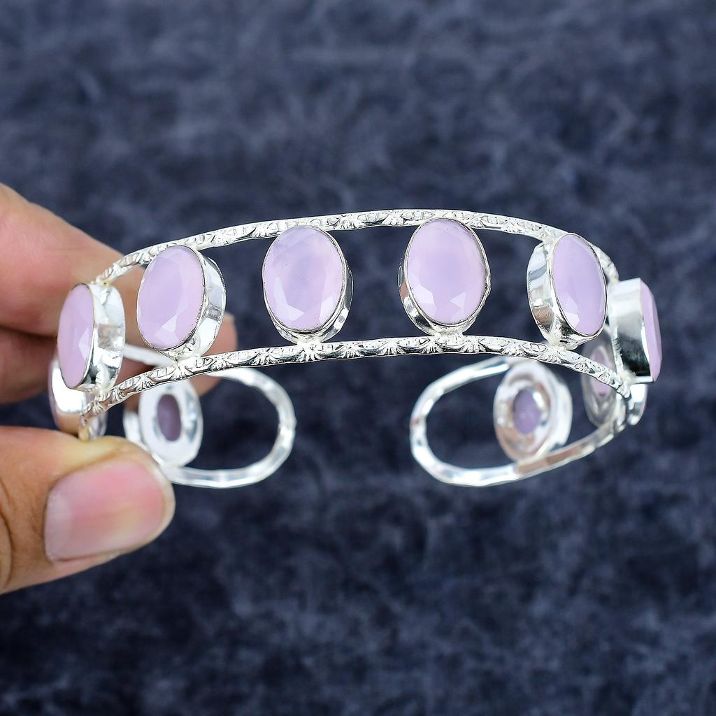 Pink Chalcedony Gemstone 925 Sterling Silver Cuff Bangle Adjustable M-3334