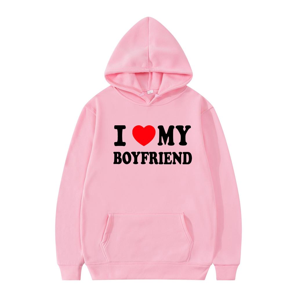 Valentine's Day I Love My Boyfriend Girlfriend Printed Hoodie Sweatshirt Unisex Pullover Long Sleeve Hooded