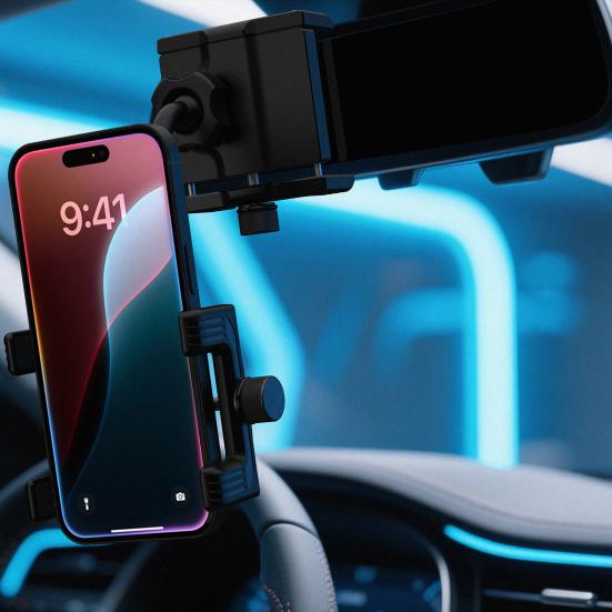 Car Rearview Mirror Phone Holder Telescopic Mobile Phone Stand Metal Mount for 4-7 Inch Cell Phones