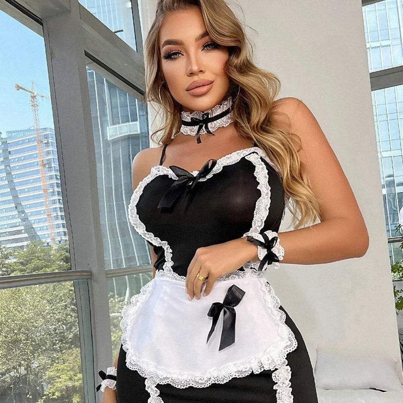 Erotic Uniform Maid Suit Sexy Lace Plus Size Erotic Lingerie Cosplay Maid Slip Nightdress