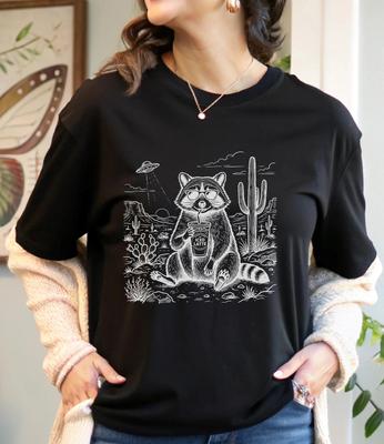 Raccoon Iced Latte T-Shirt, Desert Landscape Tee, Funny Animal Alien UFO Shirt,