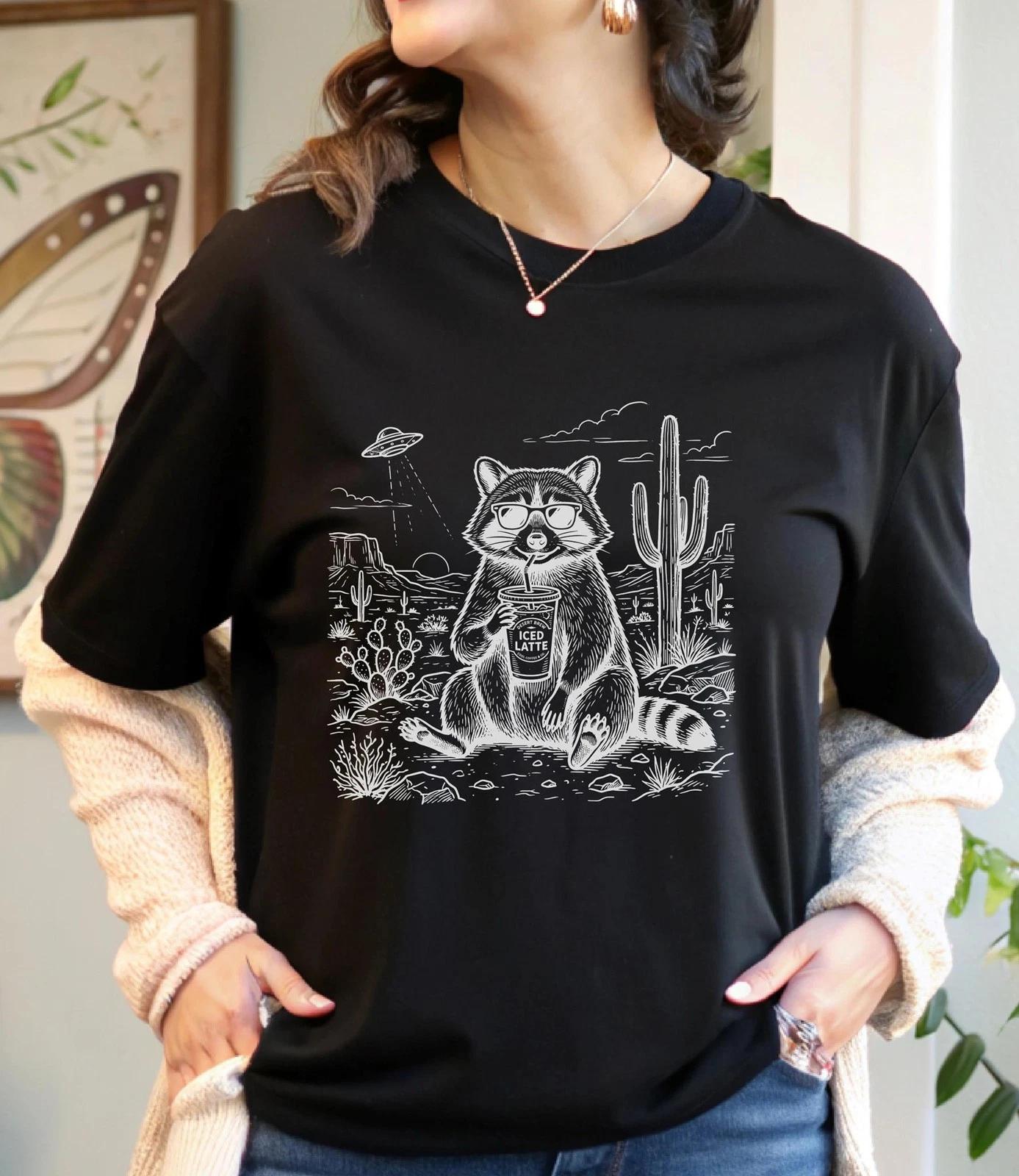 Raccoon Iced Latte T-Shirt, Desert Landscape Tee, Funny Animal Alien UFO Shirt, 3XL