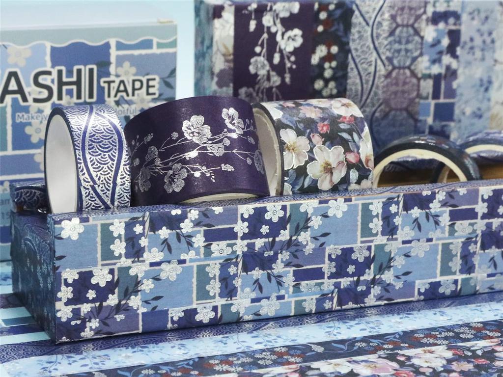 YUBX Masking Set of Elegant Blue with Silver Perfect for DIY Gift and Gift Decorations Tape, 8, Foil, Crafts, Journals, Planners, Scrapbooks,