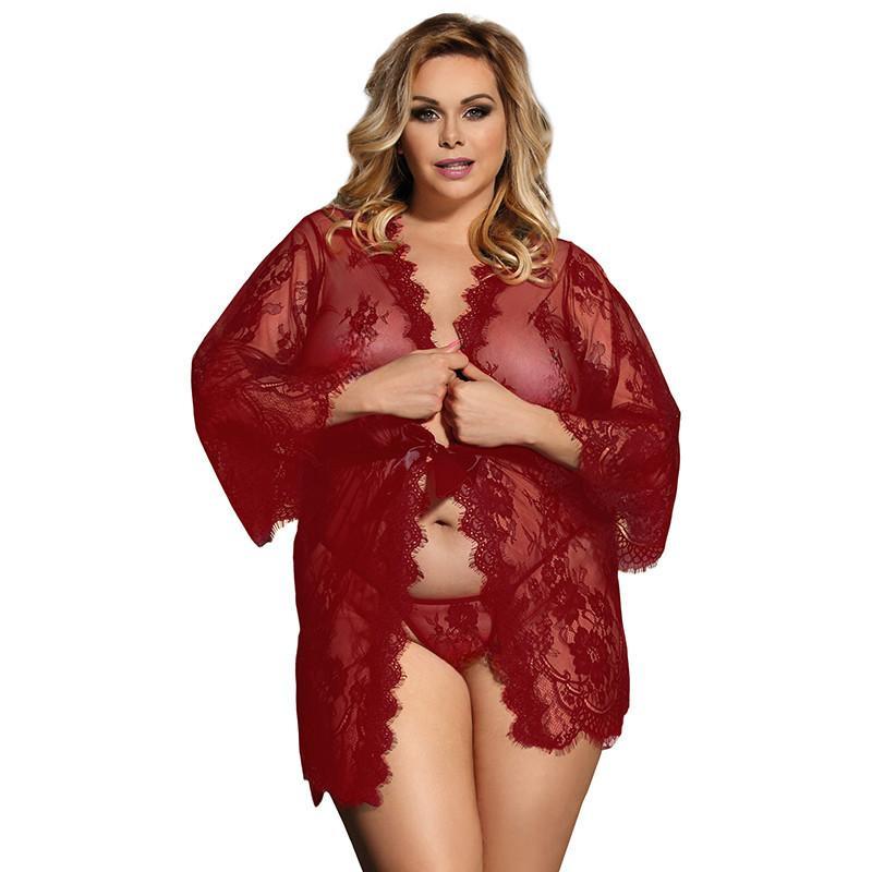 Women's Pajamas Plus Size Erotic Pajamas Belted Sexy Lace Pajamas See Through Cardigan Pajamas
