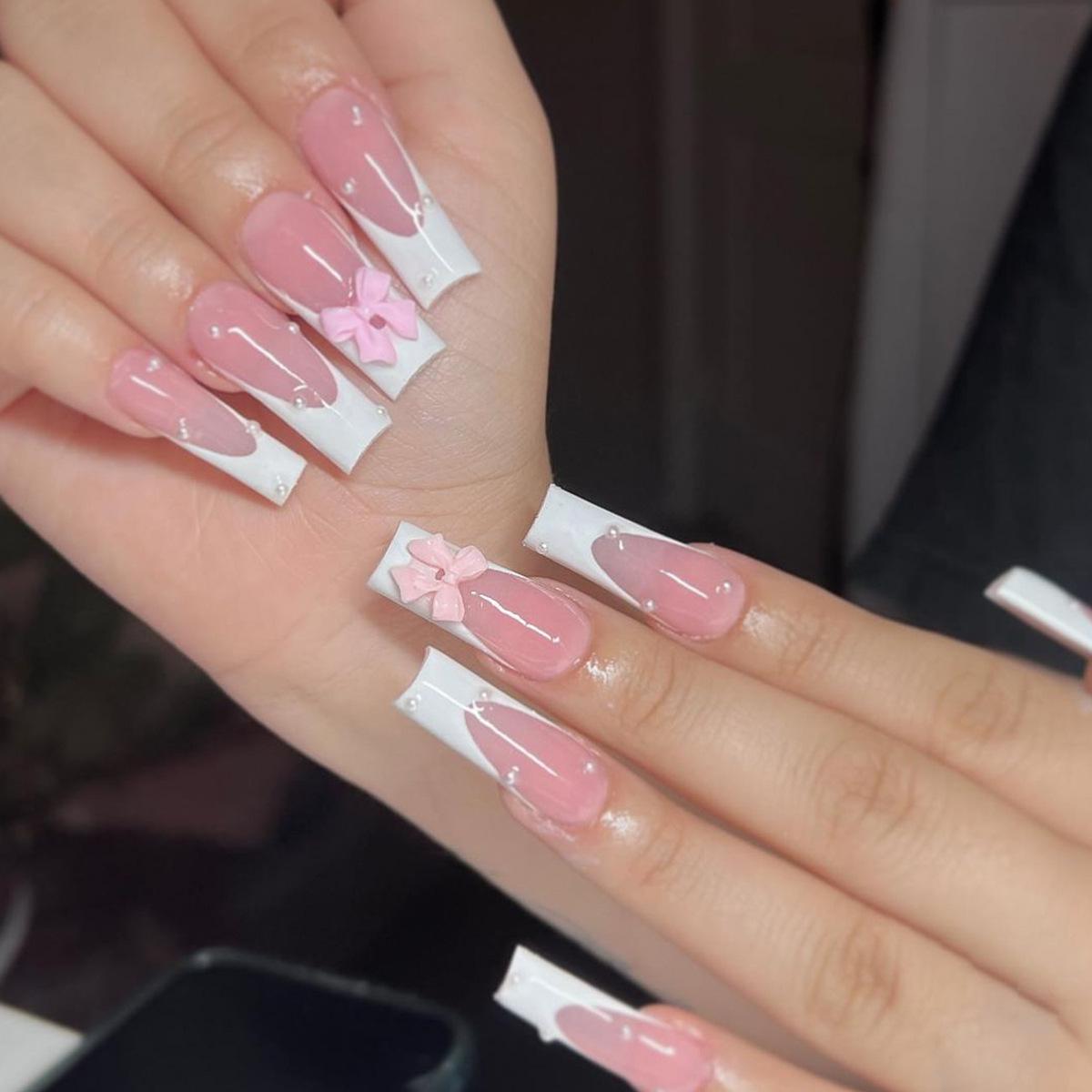 

Long White Pearl Bowknot Nails - French Style Rectangular False Nail Art