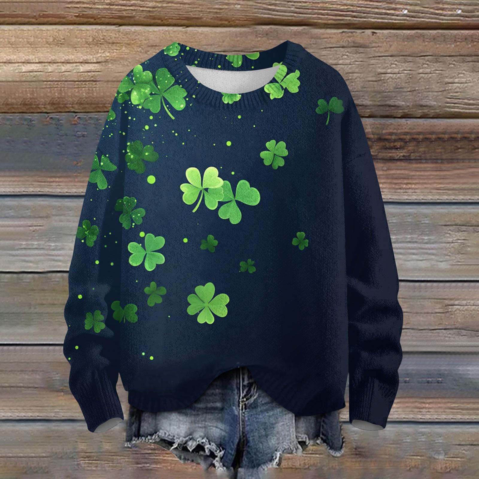 

Жіноча мода повсякденна з довгим рукавом St. Трикотажний топ з круглим вирізом і принтом до Дня Патрика XL