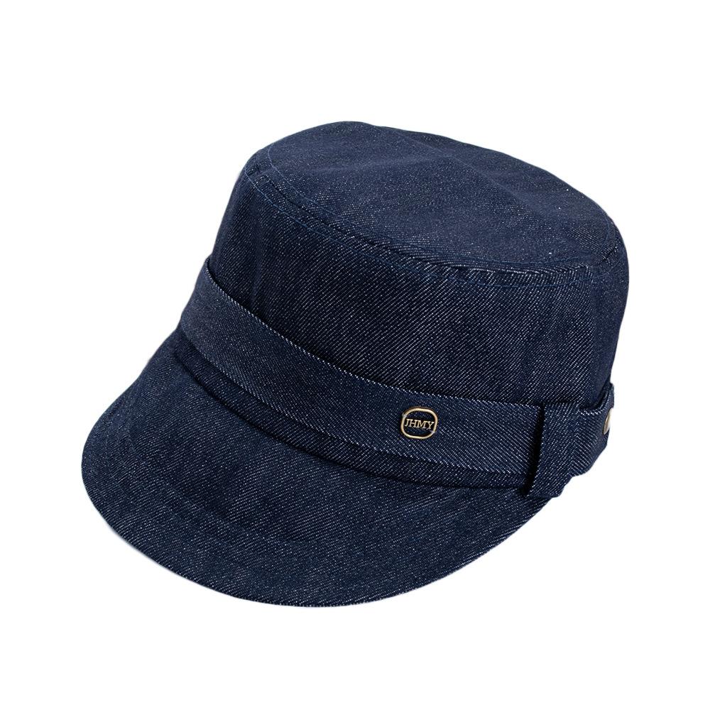 Retro deep denim flat top cap women's autumn new face small metal buckle equestrian hat versatile and advanced sense