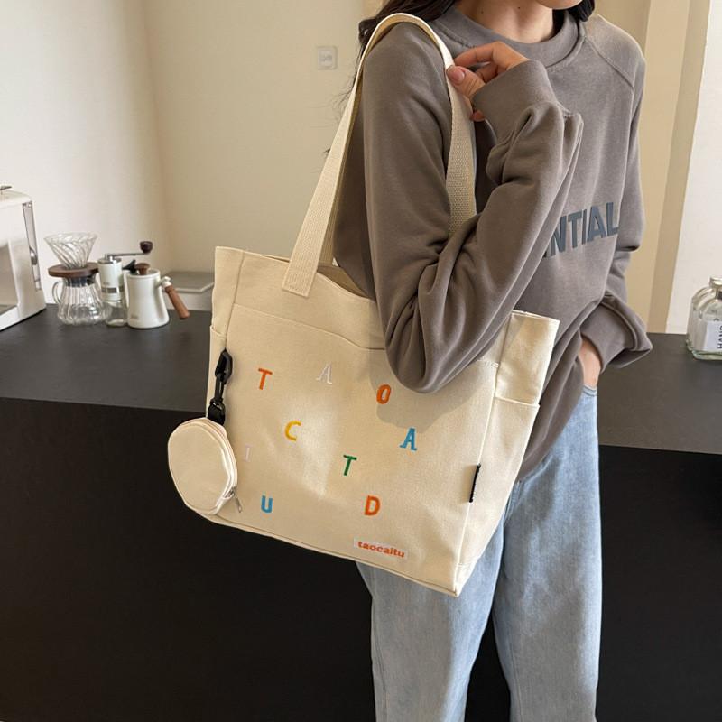Large Capacity Canvas Tote Bag For Women Stylish Embroidered Letter Design For School