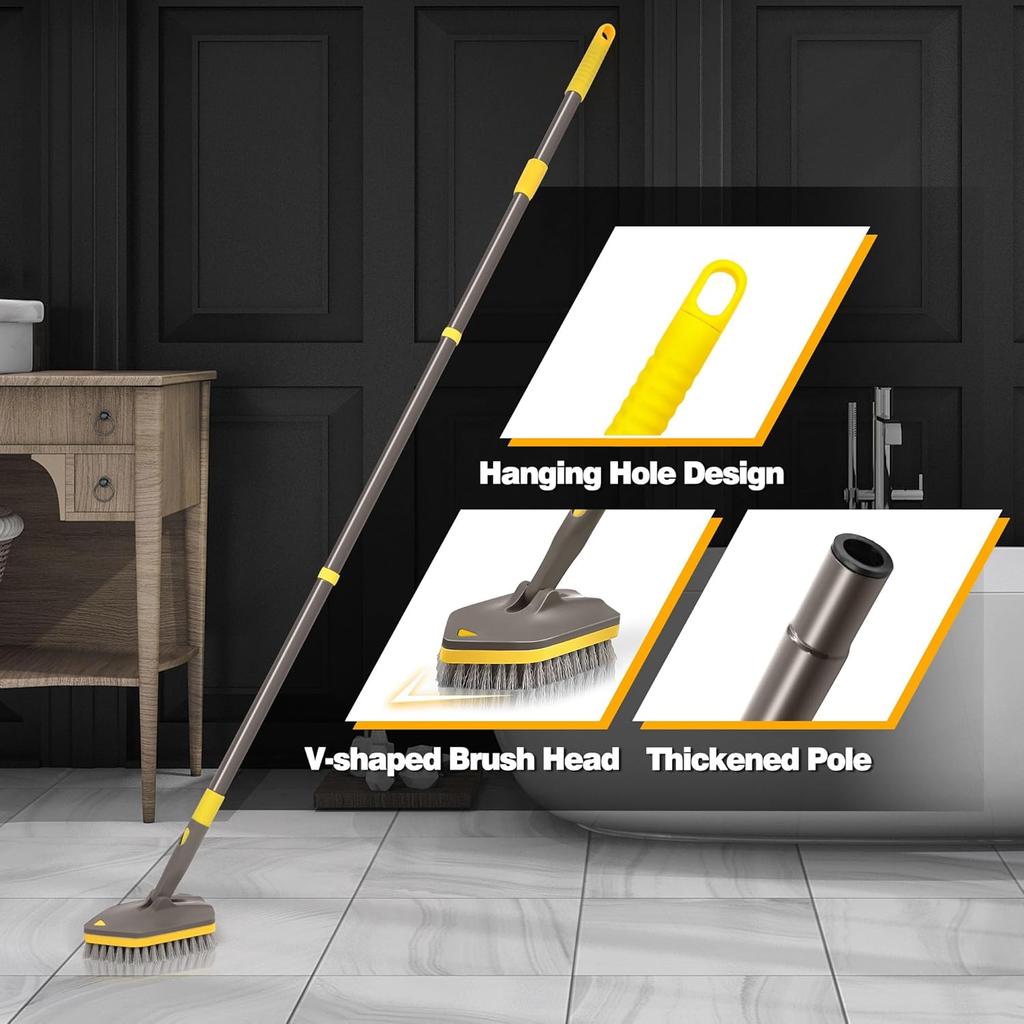 Shower Cleaner Brush,Tub Tile Scrubber with Telescopic Long Handle,4 Scrub Heads for Cleaning Bathroom Bathtub Floor Baseboard Sink Kitchen Toilet