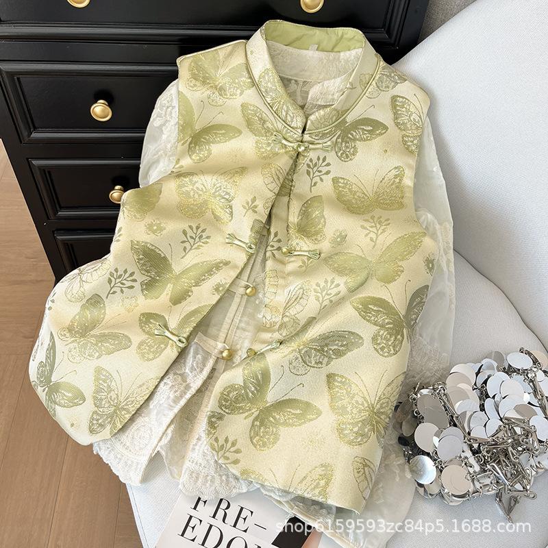Retro Butterfly Button Stand-up Collar Jacquard Vest Women's 2025 New High-end Top