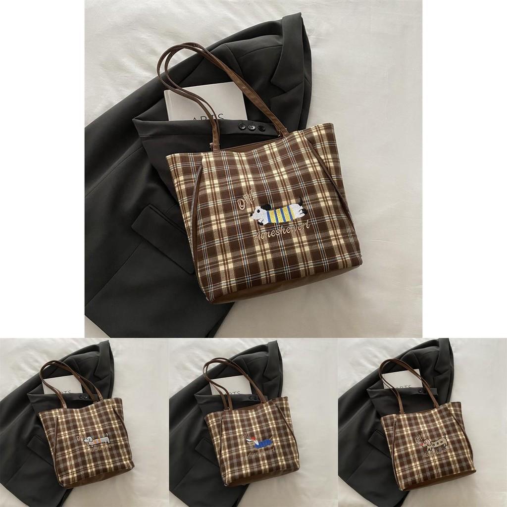 Stylish High-quality Tote Bag For Women In Trendy Plaid Design With Cartoon Dog Print