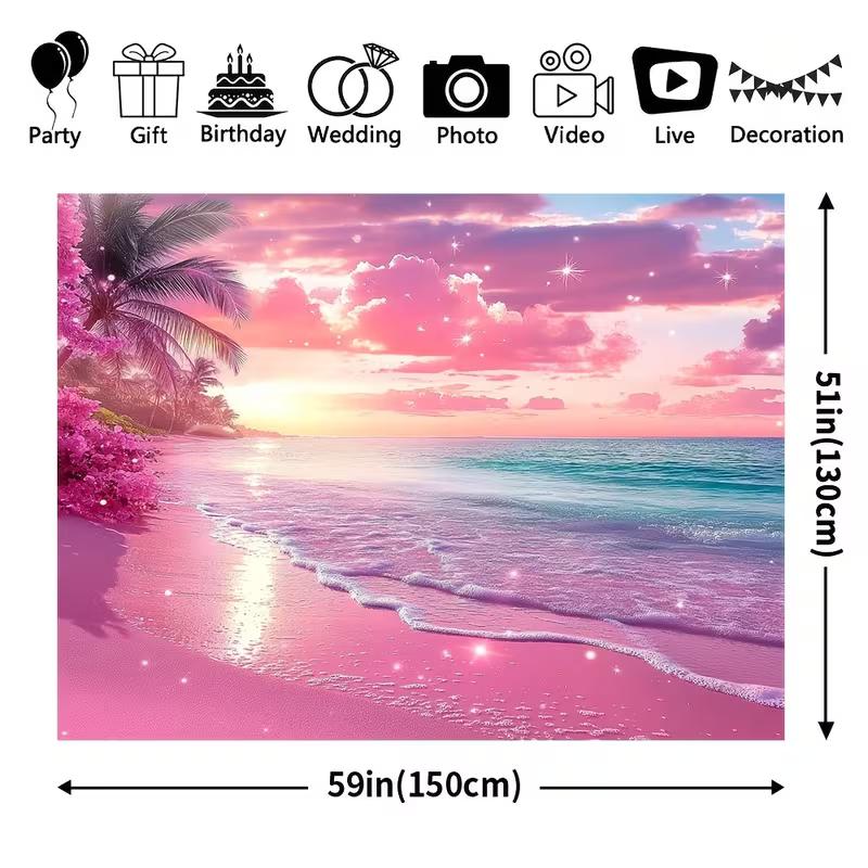 2D Flat Glitter Pink Beach Banner Tropical Paradise Themed Backdrop for Vacation & Summer Decor