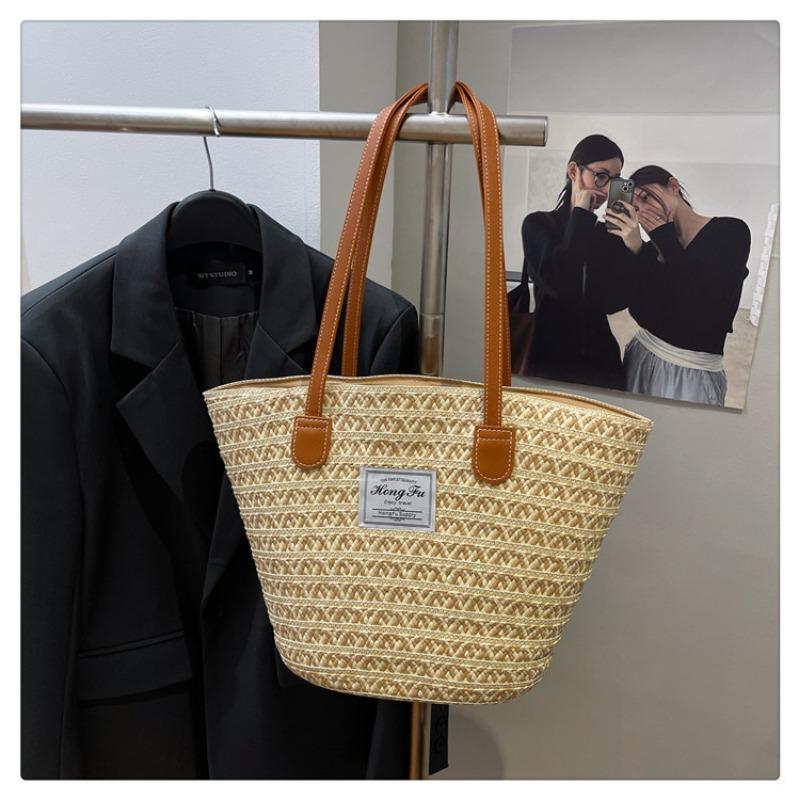 Large Capacity Lazy Wind Women's Bag New Summer Seaside Portable Shoulder Bag Woven Commuter Tote Bag