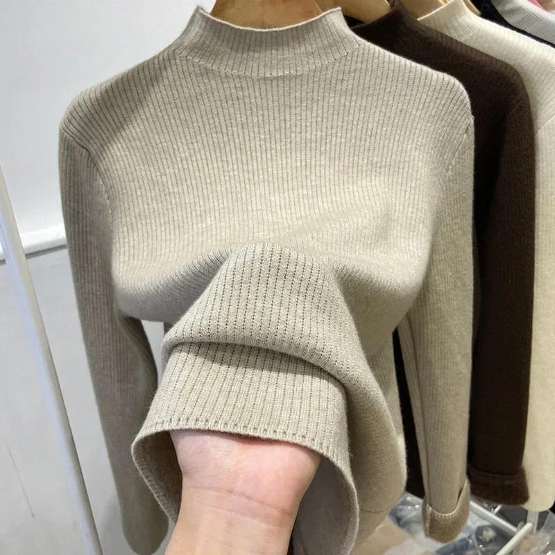 Winter Half High Collar Plush Knitted Sweater For Women Fashion 2024 Office-lady Pullover Sweaters Slim Fit Casual Warm Velvet Knitwear Clothes 30068