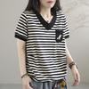 Striped V-Neck Short Sleeve T-shirt Women's Loose Casual Summer Tee with Pocket Plus Size
