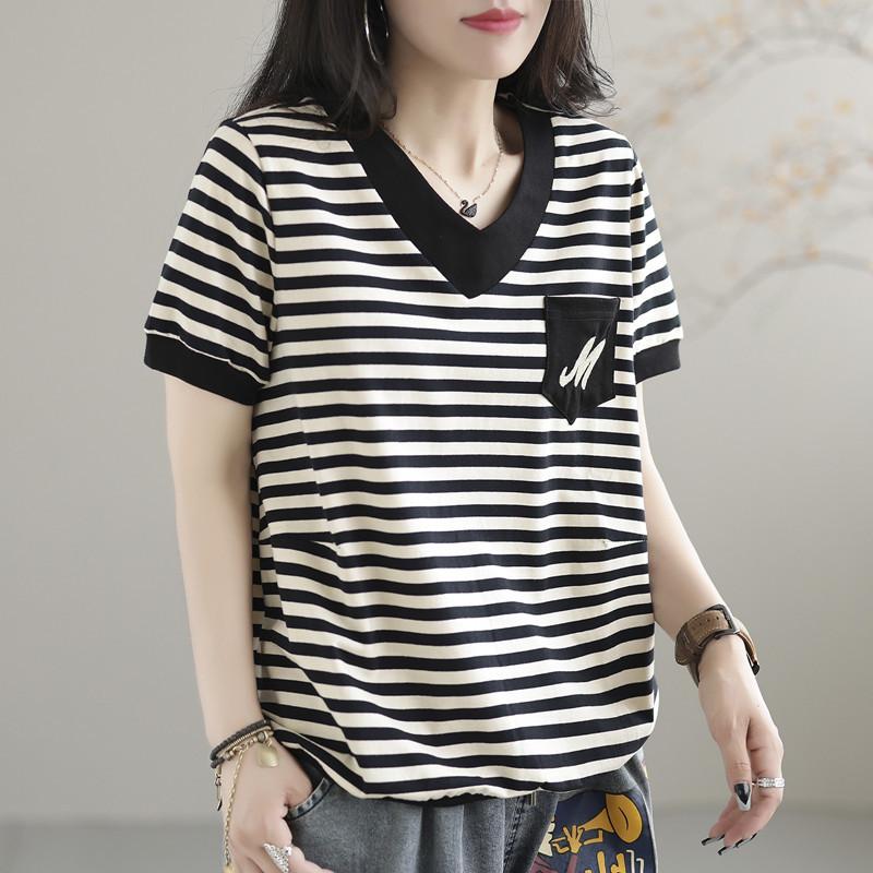 Striped V-Neck Short Sleeve T-shirt Women's Loose Casual Summer Tee with Pocket Plus Size