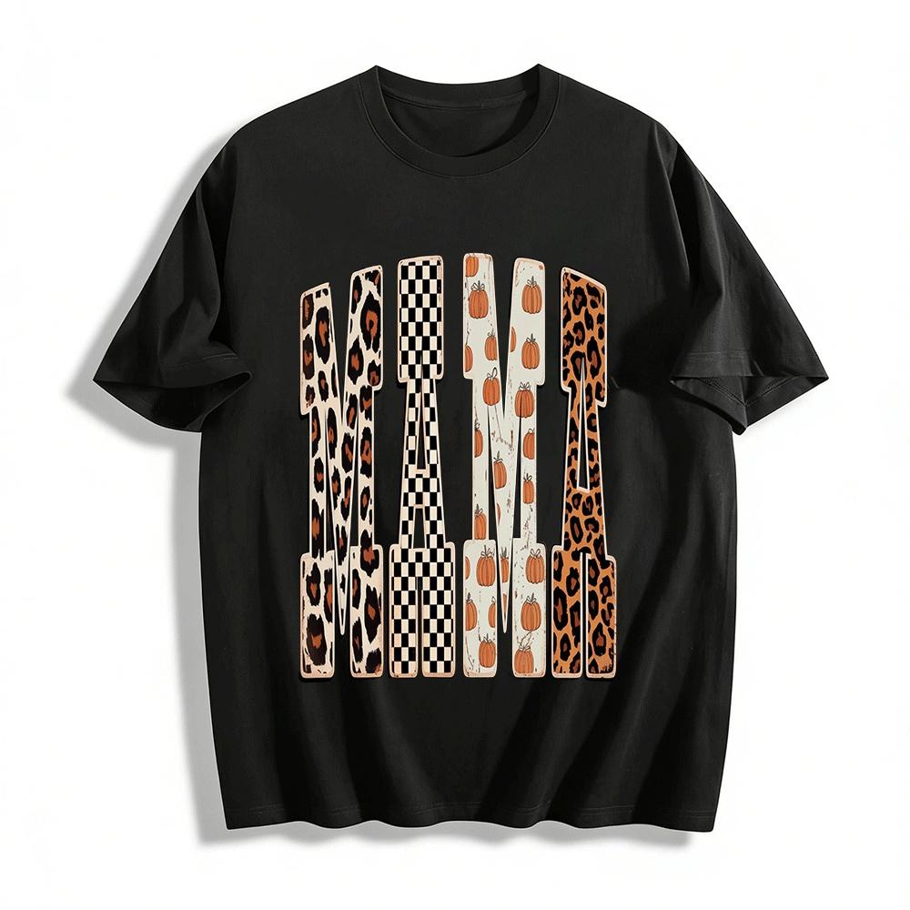 Fall Leopard Checkerboard Pumpkin Print MAMA Letter Top Pure cotton T-shirt XXS