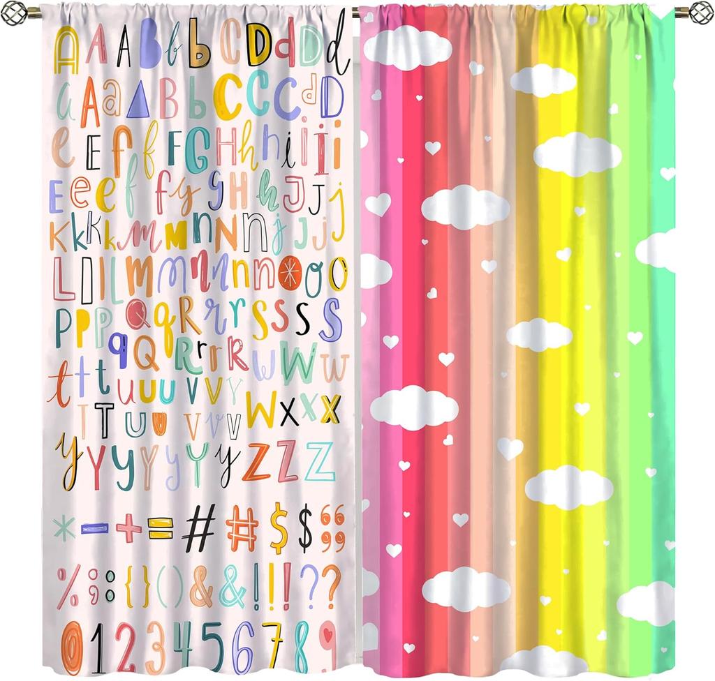 Abc Alphabet Curtains, Cartoon Toddler Colourful Animals Numbers Colours Classroom Learning Windows Treatments Drapes For Kids