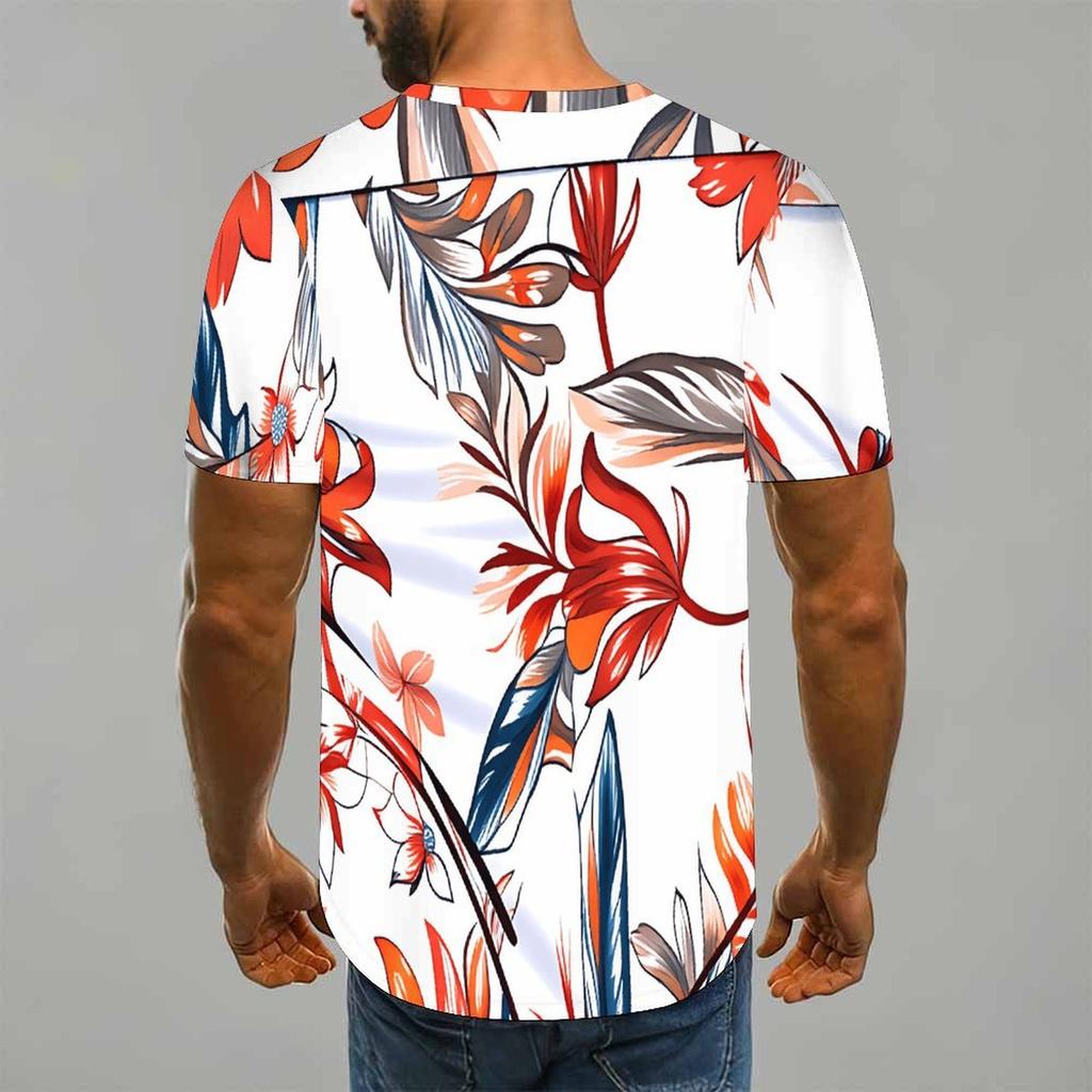 Women Short Sleeve Crew Neck T Shirt White Red Orange Blue Tropical Leaf Floral Print Top