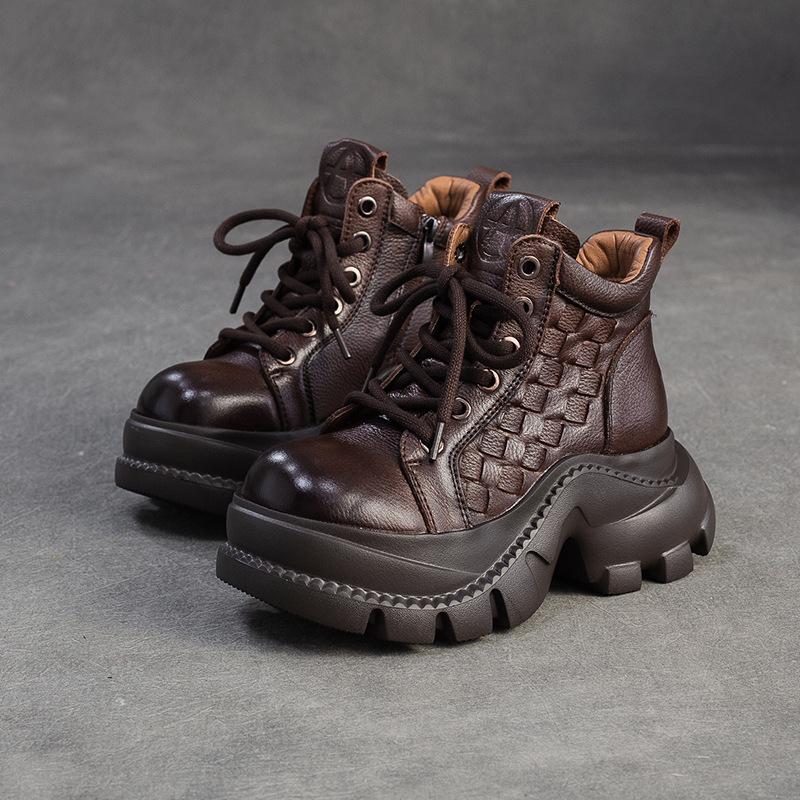 Johnature Retro Genuine Leather Thick Soled Short Boots Comfortable Side Zipper Women's Platform Shoes