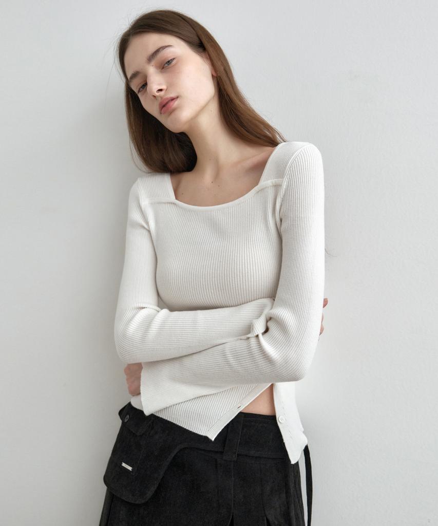 MONGDOL Square Neck Layered Diagonal Button Ribbed Knit Top Mdkt123_6 Colors